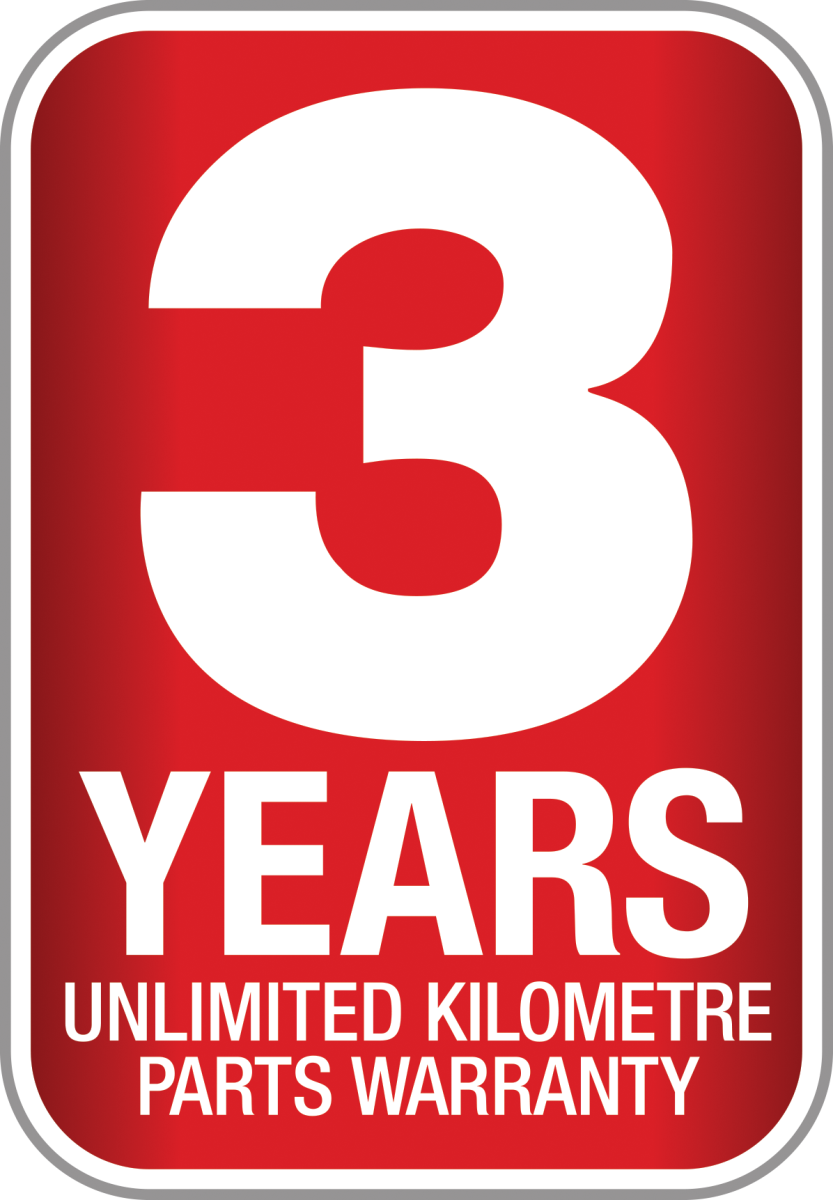 An image containing the text '3 years unlimited kilometre parts warranty.