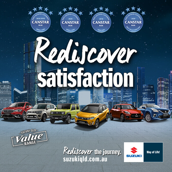 Image showcasing six Suzuki cars with the tagline 'Rediscover satisfaction' in the center.